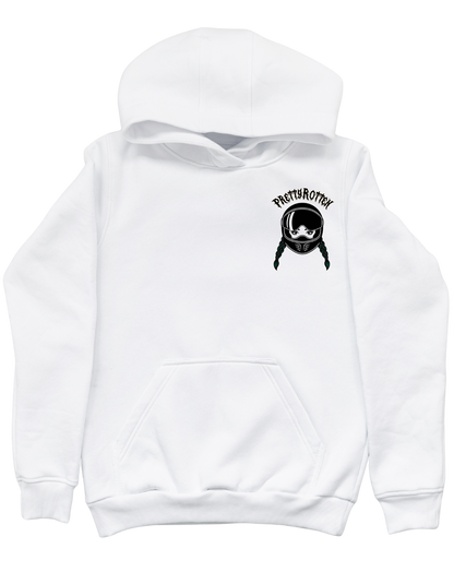 Light gray graphic women’s motorcycle hoodie with floral graphic and Stay Rotten text biker streetwear