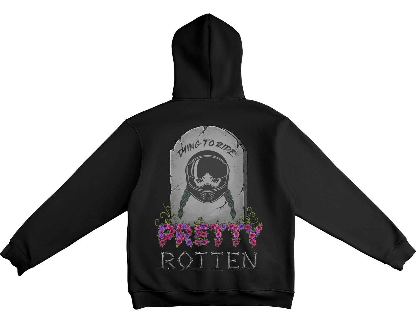 Women’s motorcycle hoodie Dying to Ride tombstone helmet graphic edgy biker apparel Black