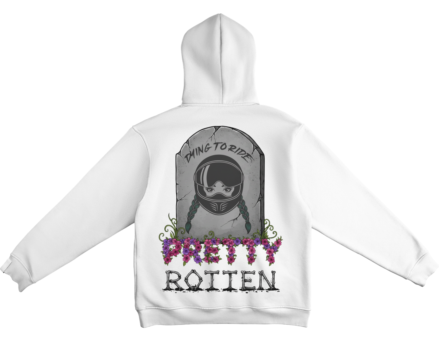 Women’s motorcycle hoodie Dying to Ride tombstone helmet graphic edgy biker apparel White