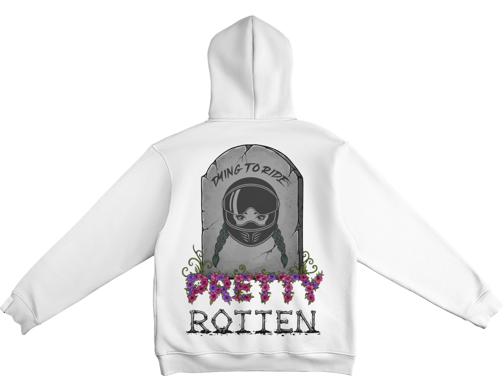 Women’s motorcycle hoodie Dying to Ride tombstone helmet graphic edgy biker apparel White