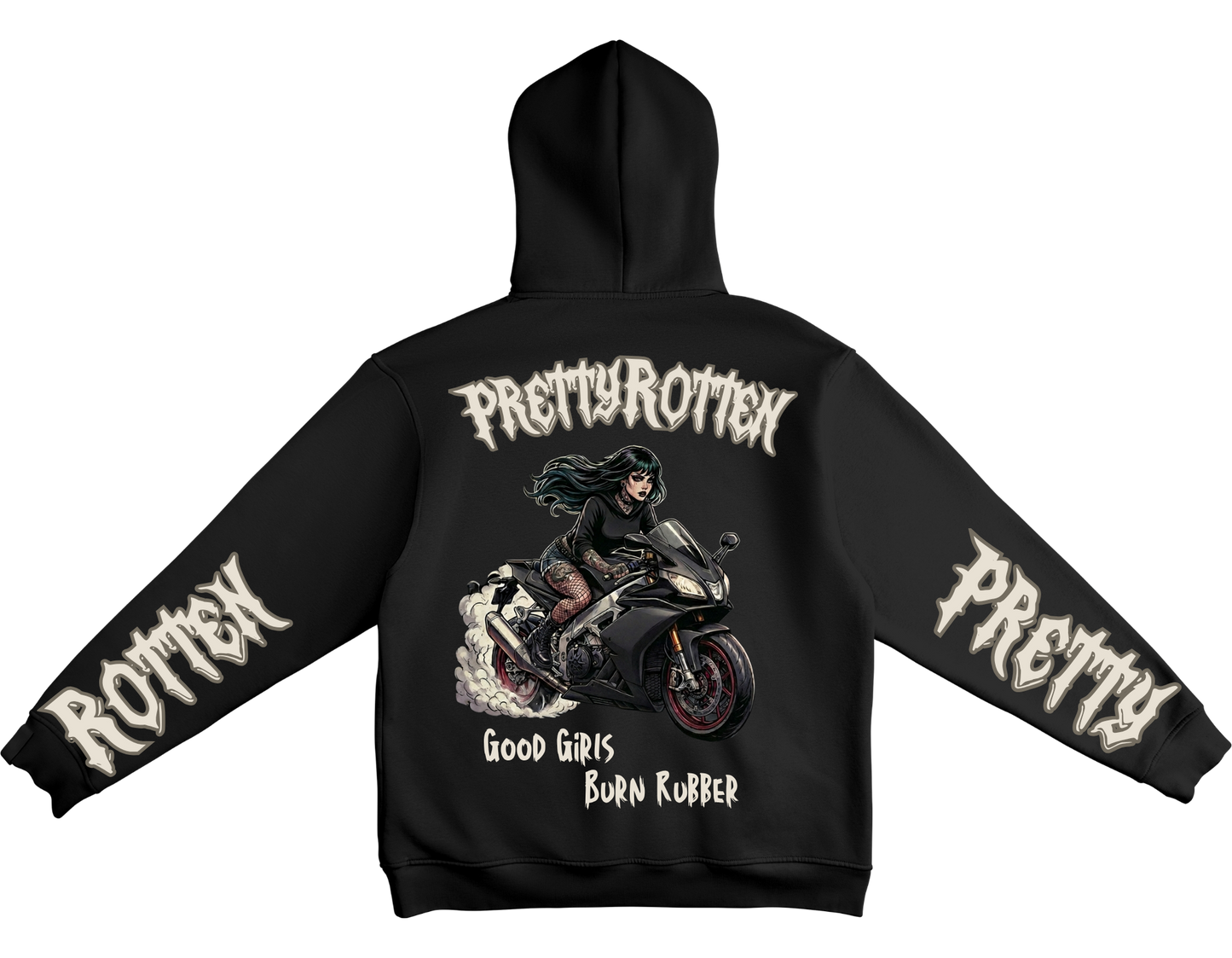 Women’s motorcycle hoodie with burnout rider graphic Good Girls Burn Rubber Pretty Rotten
