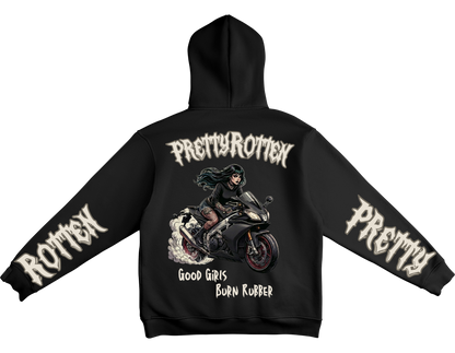 Women’s motorcycle hoodie with burnout rider graphic Good Girls Burn Rubber Pretty Rotten