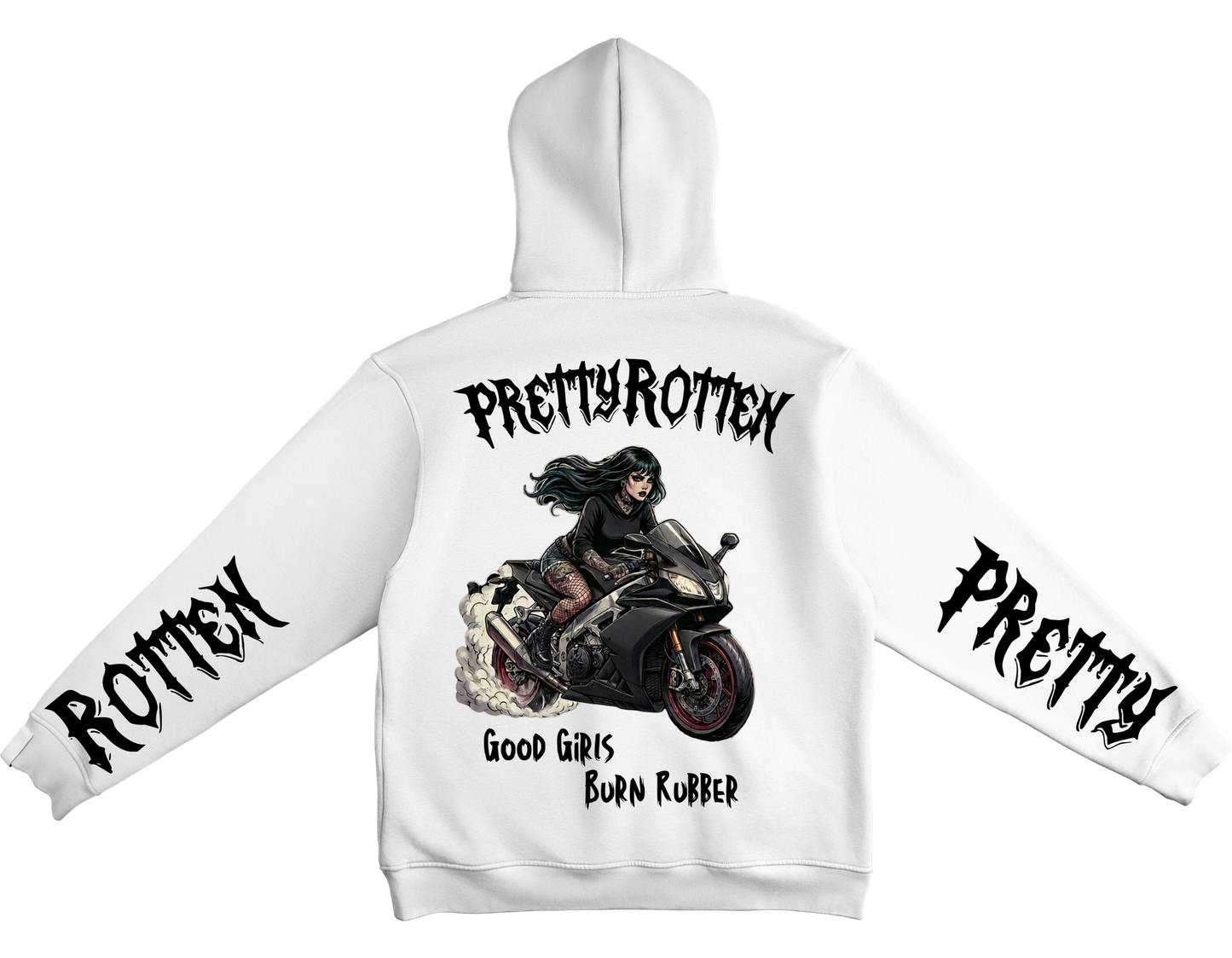 Women’s motorcycle hoodie with burnout rider graphic Good Girls Burn Rubber Pretty Rotten