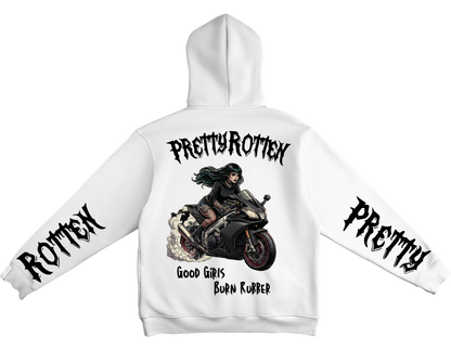Women’s motorcycle hoodie with burnout rider graphic Good Girls Burn Rubber Pretty Rotten