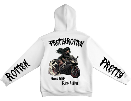 Women’s motorcycle hoodie with burnout rider graphic Good Girls Burn Rubber Pretty Rotten