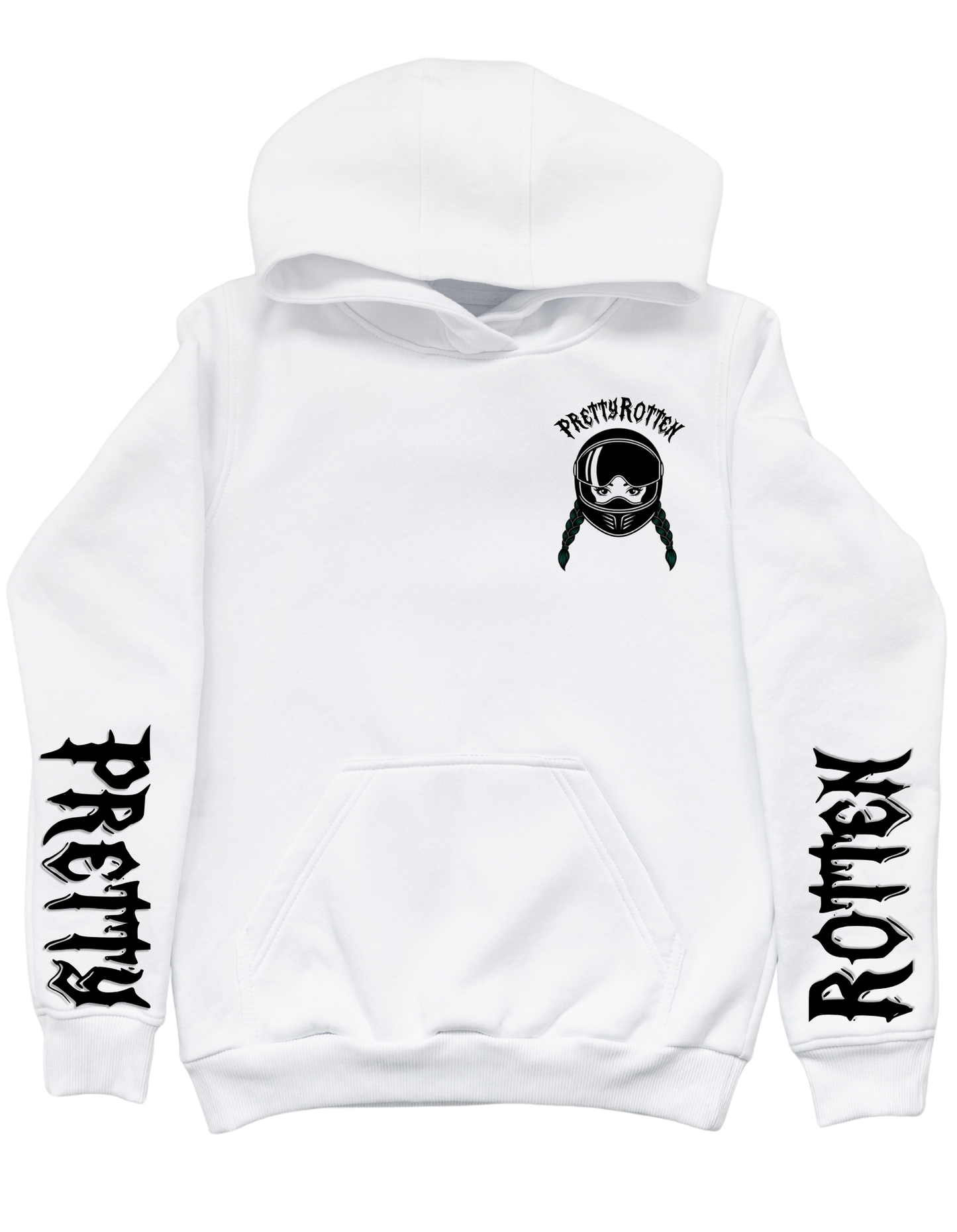Women’s motorcycle hoodie with burnout rider graphic Good Girls Burn Rubber Pretty Rotten White