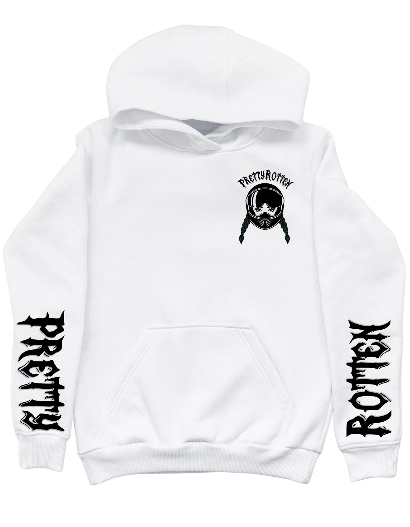 Women’s motorcycle hoodie with burnout rider graphic Good Girls Burn Rubber Pretty Rotten White