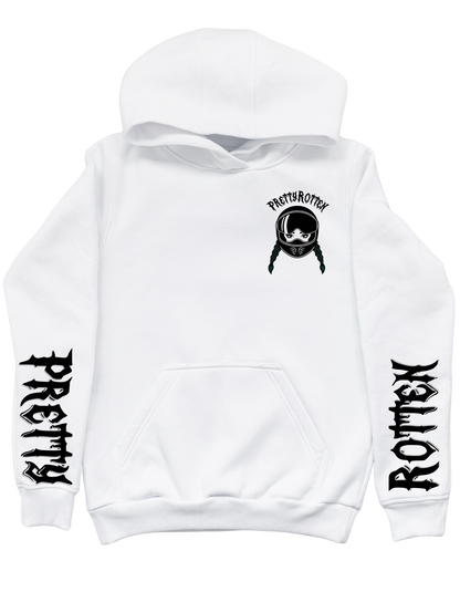 Women’s motorcycle hoodie with burnout rider graphic Good Girls Burn Rubber Pretty Rotten White