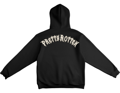 Black women’s biker hoodie with Pretty Rotten text minimalist motorcycle streetwear design