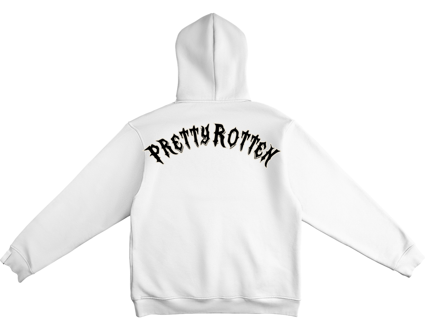 White women’s biker hoodie with Pretty Rotten text minimalist motorcycle streetwear design