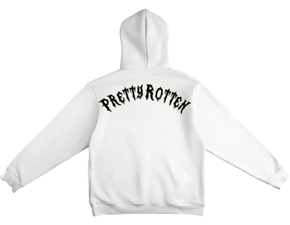White women’s biker hoodie with Pretty Rotten text minimalist motorcycle streetwear design