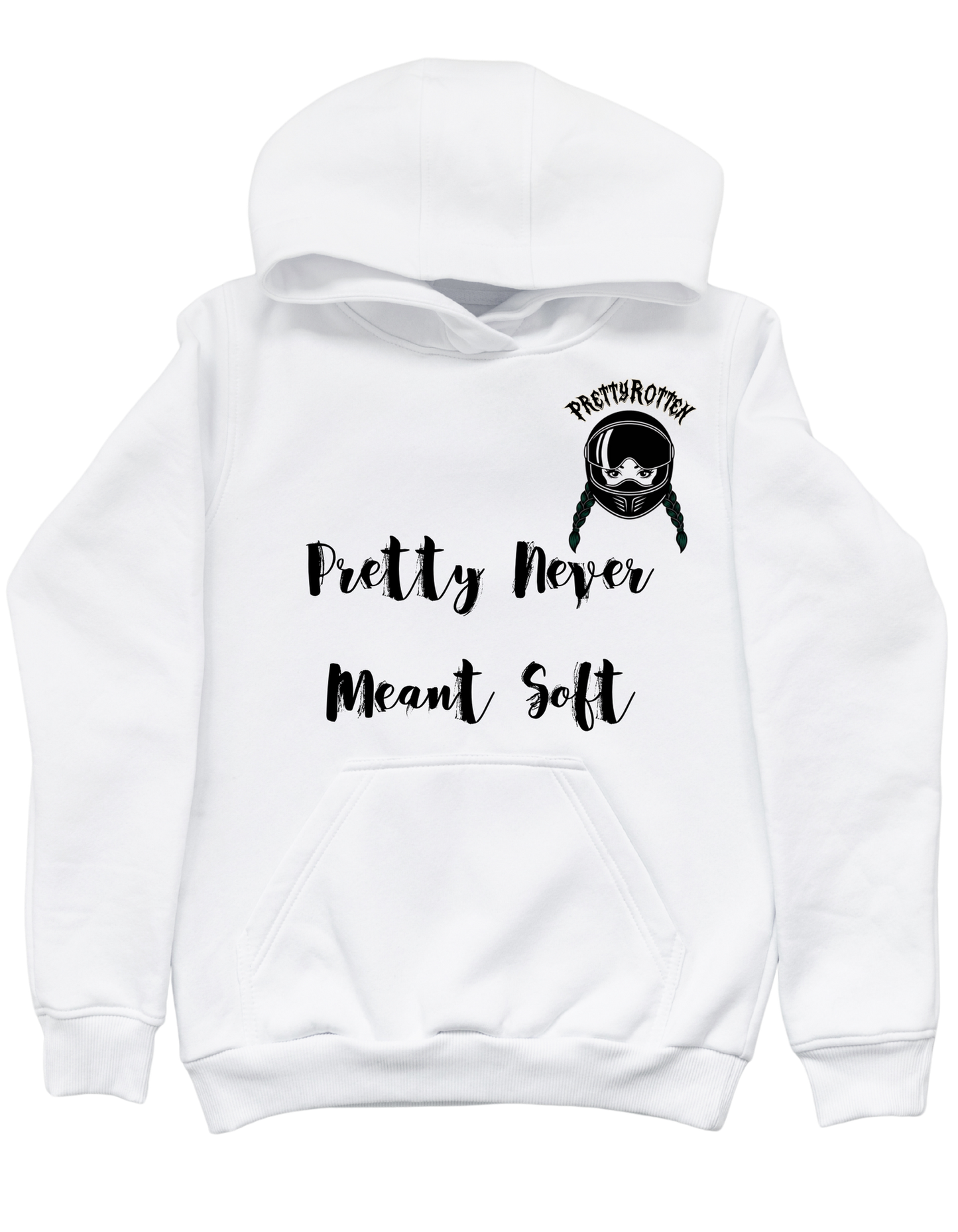 White women’s biker hoodie with Pretty Rotten text minimalist motorcycle streetwear design
