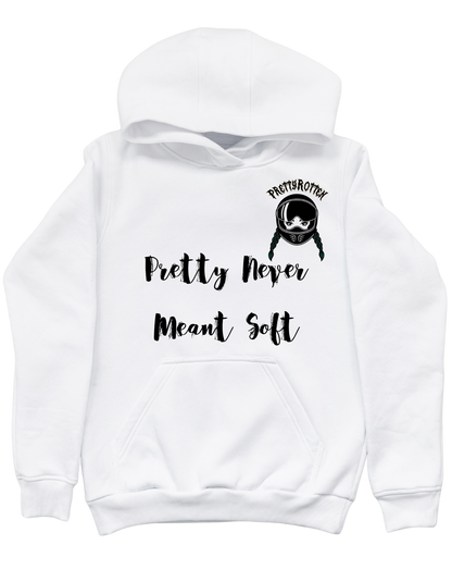 White women’s biker hoodie with Pretty Rotten text minimalist motorcycle streetwear design
