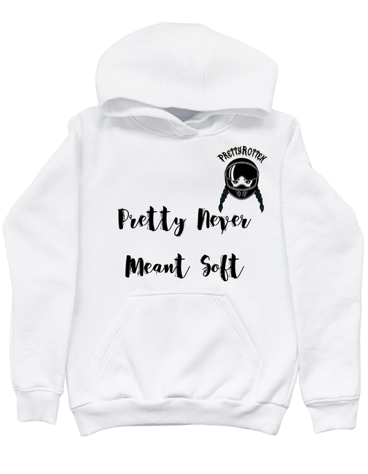 White women’s biker hoodie with Pretty Rotten text minimalist motorcycle streetwear design
