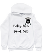 White women’s biker hoodie with Pretty Rotten text minimalist motorcycle streetwear design